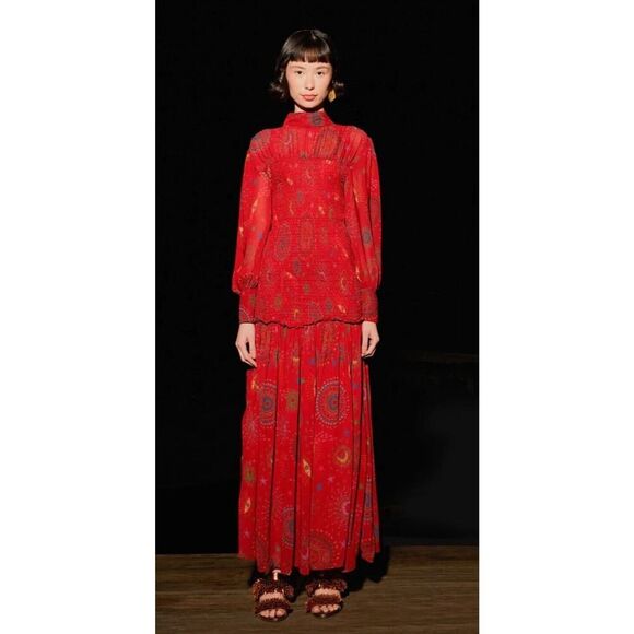 Farm Rio Red Mystic Starburst Maxi Dress XS Long Sleeve Smocked Boho Festival - Picture 2 of 16